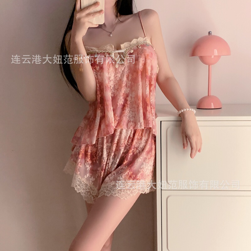 [Original Design·Peach Blossom Village] New Style Sexy Floral Print Sleepwear with Chest Pads and Straps, Pure Desire Two-Piece Set