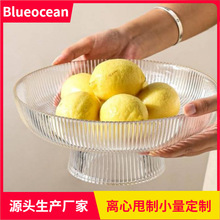 批发欧式轻奢金边竖纹高脚玻璃果盘家用客厅茶几大号高脚水果碗