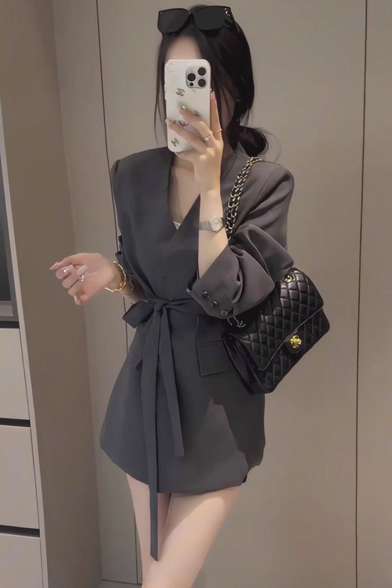 休闲高级小个子西服v领飘带感2025开春款绑带春秋新款西装外套女