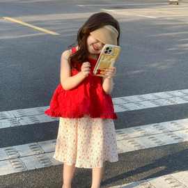 韩版童装女童红色吊带背心套装夏装2023新款碎花褶皱半裙两件套