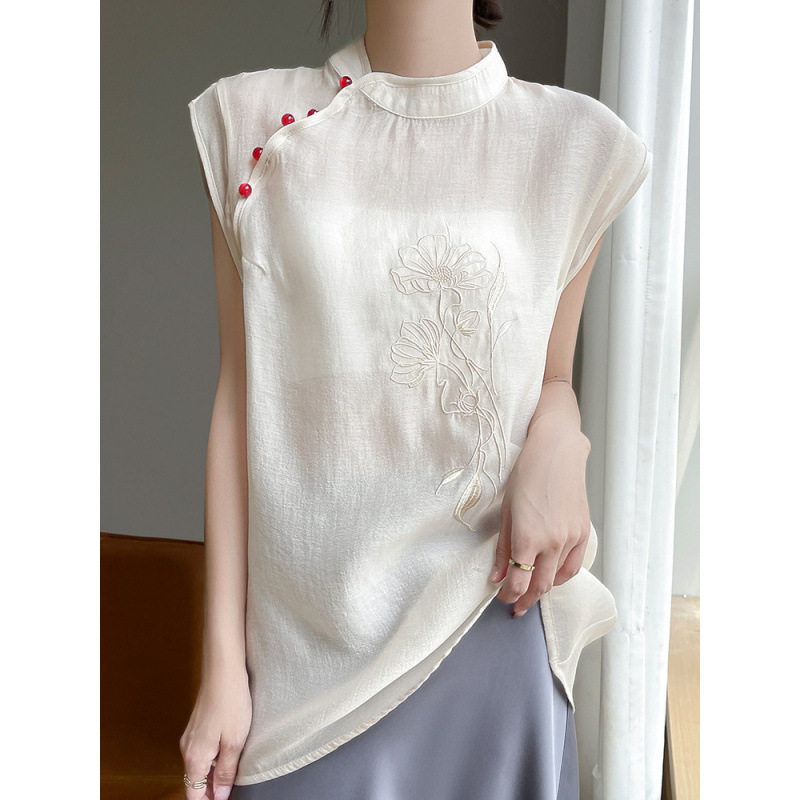 New Chinese Style Retro Stand-Up Collar T-Shirt Organza Embroidered Shirt Top Summer New Sleeveless Inner Cheongsam Vest
