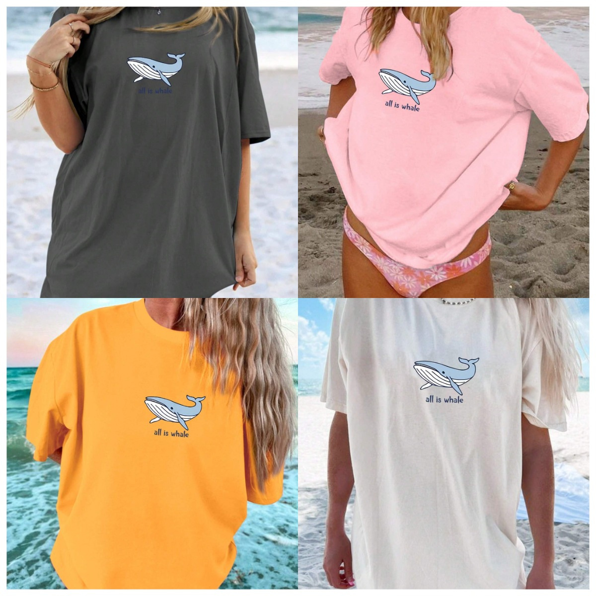 Whale Graphic & Letter Print Round T-shirt