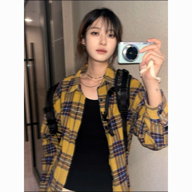チェック柄シャツ女性 2025 春の新韓国ファッションガール小柄なレトロ長袖シャツカジュアルジャケット|undefined