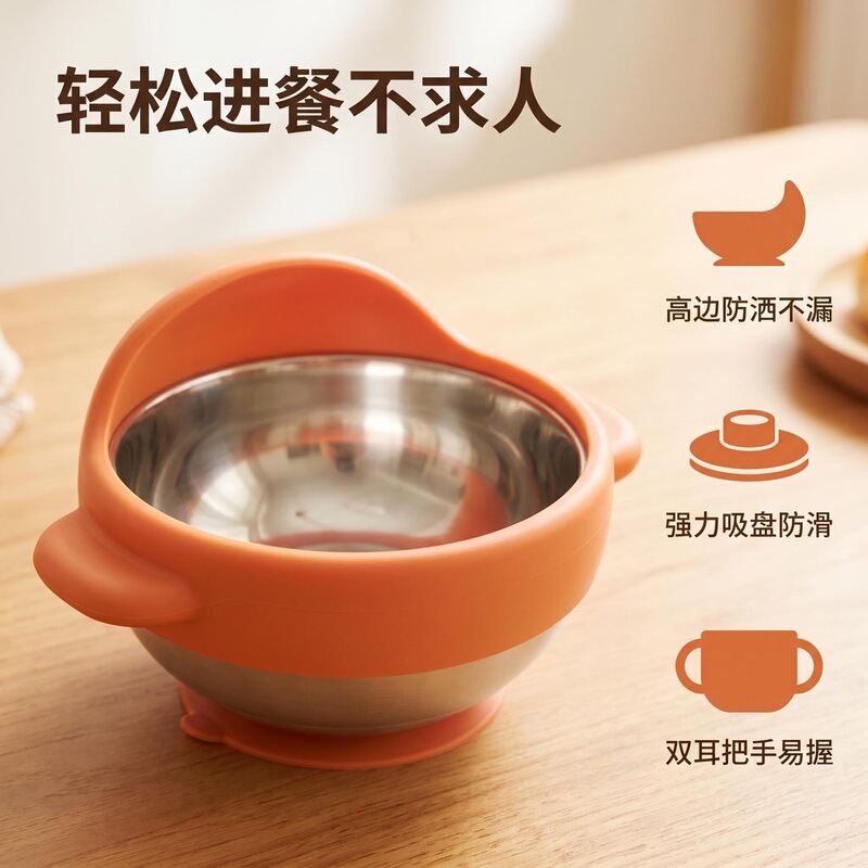 In-Stock Anti-Slip Bowl for Elderly, Anti-Spill Bowl with Suction Cup, Stainless Steel Silicone Auxiliary Bowl for Home Use