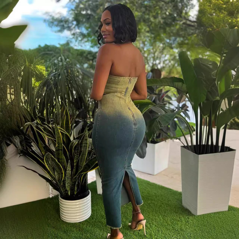 FF1280 women gradient color tube top Denim sexy dress