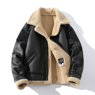 Lapel fur coat men's winter fleece-lined thickened faux sheepskin short leather coat handsome motorcycle clothing fur