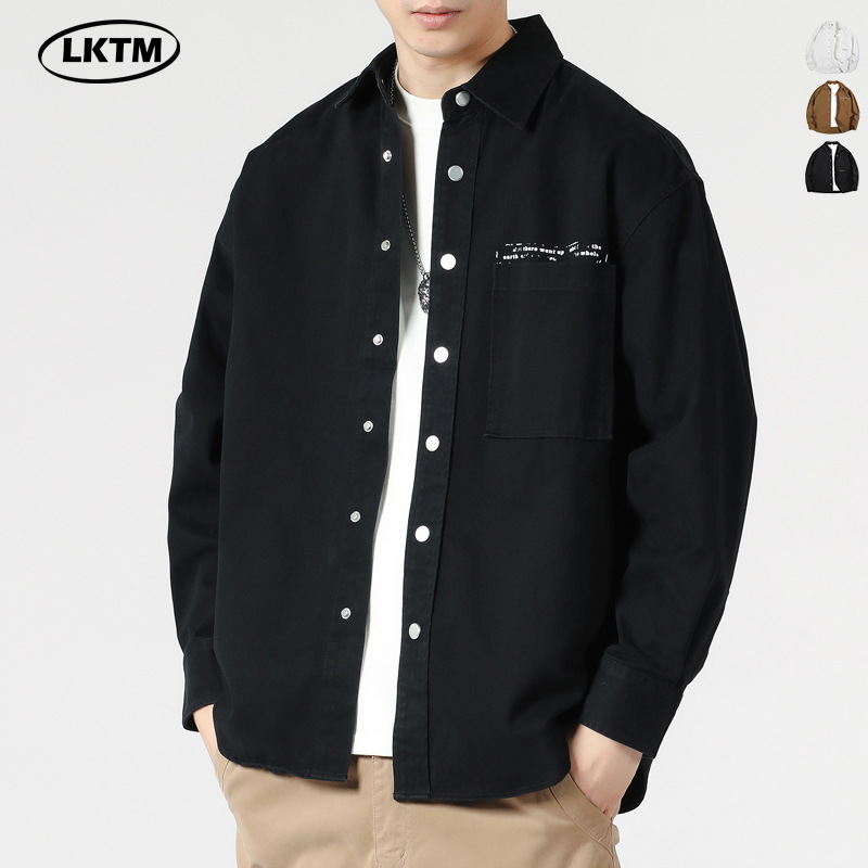 LKTM男装#水洗做旧纯棉印花衬衫外套男潮牌翻领宽松休闲长袖衬衣