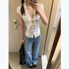 法式温柔蝴蝶结波点短袖衬衫女夏季甜辣收腰气质显瘦修身衬衣上衣
