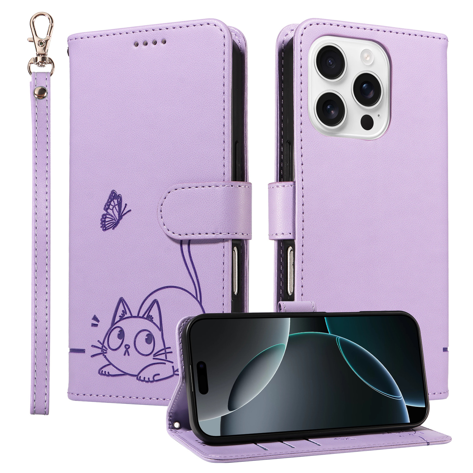 适用iPhone16E纯色皮套17Pro蝴蝶招财猫插卡钱包保护套14plus手绳