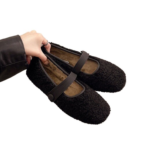 French new-style fuzzy shoes for women, summer outerwear, new warm flat sole women's single shoes with new design