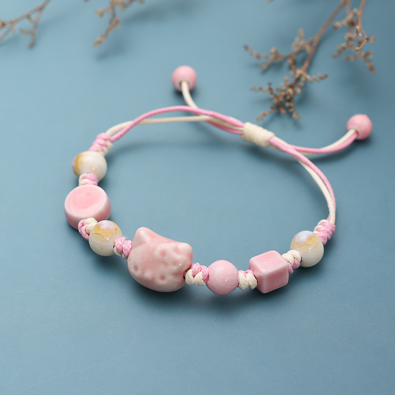 Literary and Fresh Jingdezhen Ceramic Hand-Woven Bracelet Adjustable Cartoon Student Couple Porcelain Bead Bracelet Wholesale