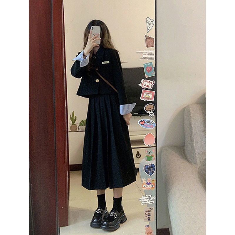 学院风精致黑色西装套装女高级感春装新款外套半身裙两件套小个子|undefined