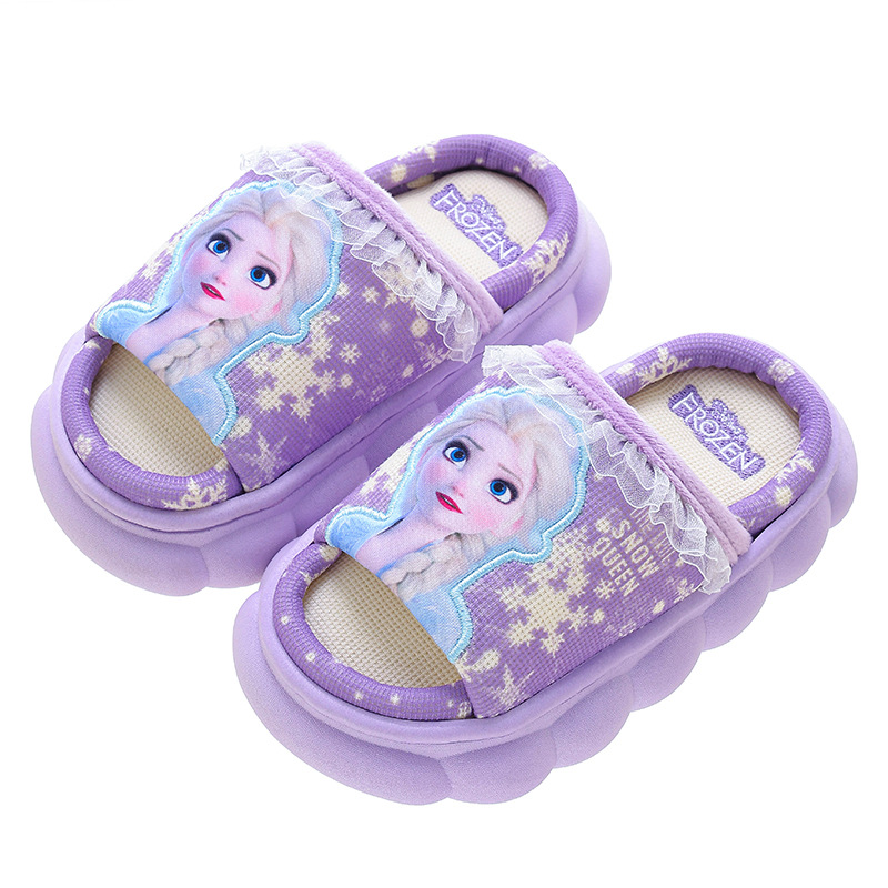Princesa Elsa zapatillas de lino para niños primavera y otoño casa antideslizante niñas Four Seasons bebé algodón y lino sandalias transpirables verano