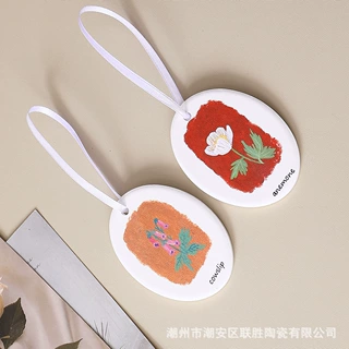 现代简约创意椭圆形花卉陶瓷吊片批发diy无釉面UV印刷可做香薰片