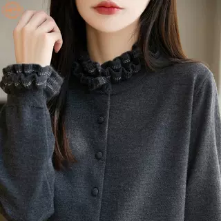 老钱风木耳边针织开衫女温柔半高领毛衣外套新款百搭打底衫上衣