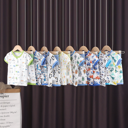 Distribution of bamboo breathable sweat-absorbent boys and girls short-sleeved high-waisted belly-protecting shorts pajamas home outing set