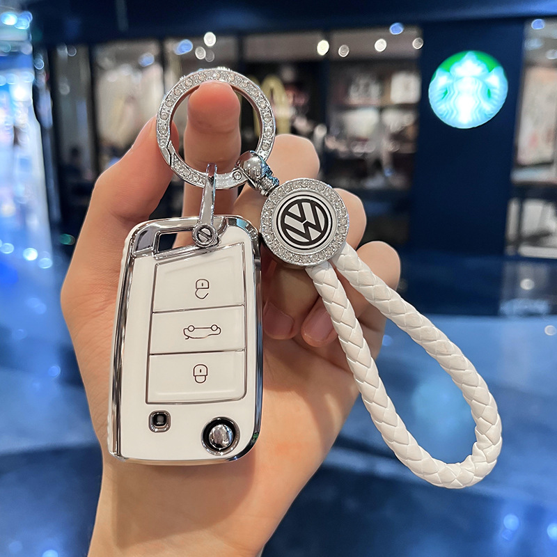 Чехол для ключа Volkswagen Huihuangda TPU белый с бриллиантовым кольцом