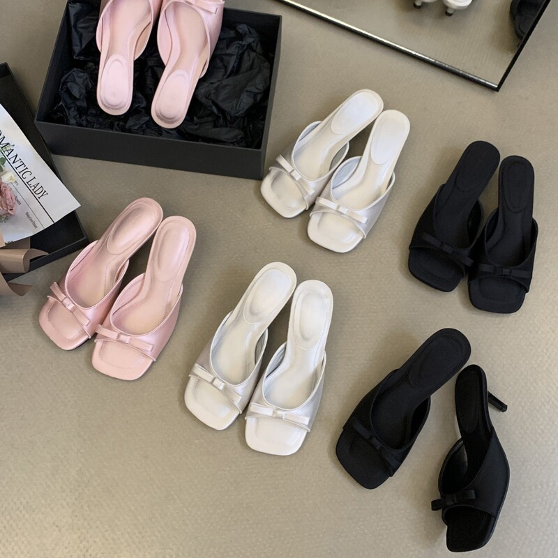 Niche Design Square Toe Outer Wear Bow Open Toe Stiletto Slippers Women's French Sandals Mule Half Slippers Sandals
