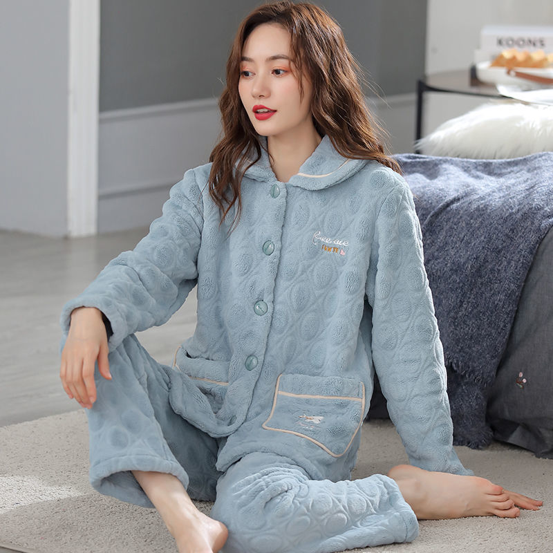 산호 벨벳 파자마 여성의 가을과 겨울 기모 두꺼운 양면 벨벳 겨울 중년 엄마 가정 옷을 입고 세트