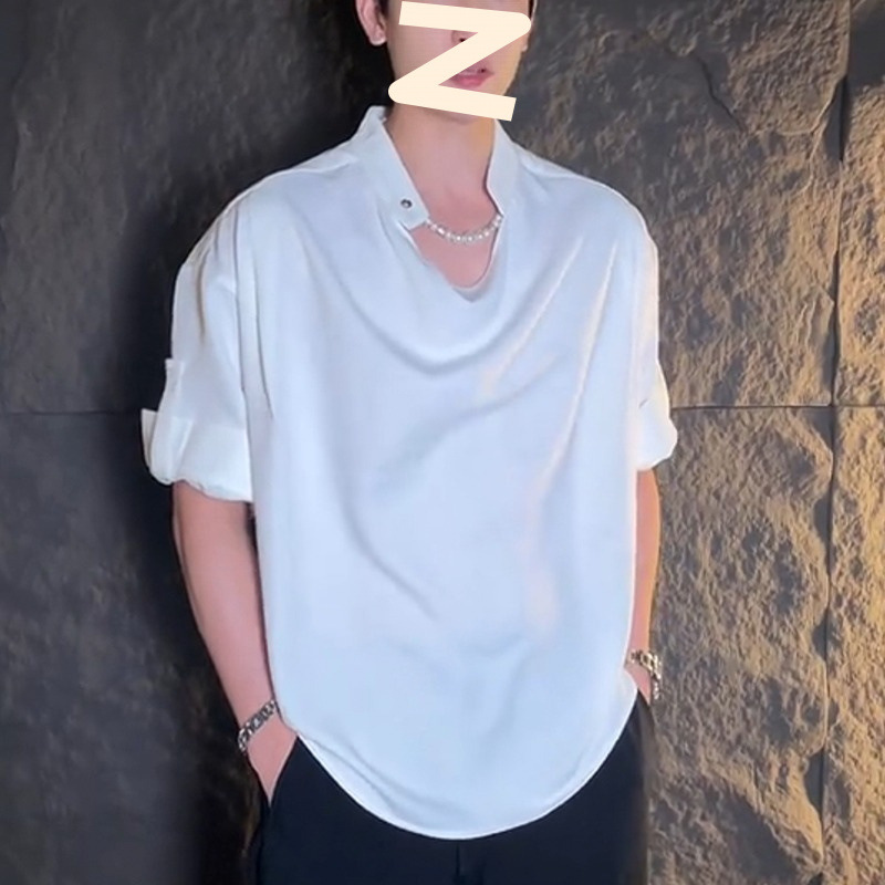 Summer High-End Stylish Stand-Collar T-Shirt for Men, Short-Sleeve Trendy Design with Adjustable Sleeves, Half-Sleeve T-Shirt for Hairstylists