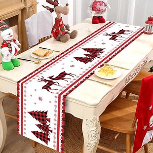 Cross-Border New Printed Christmas Table Flag Red Plaid Elk Tree Christmas Living Room Table Flag Holiday Party Table Decoration