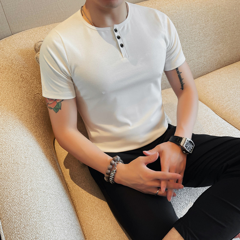 2024 Summer New Men's Lightly Mature Casual Round Neck Breasted T-shirt Slim-fit Simple Boyfriend Style All-match Men's T-shirt 2024 Summer New Men's Lightly Mature Casual Round Neck Breasted T-shirt Slim-fit Simple Boyfriend Style All-match Men's T-shirt