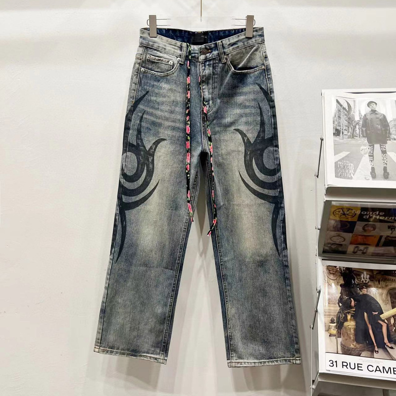 High Version Paris 25 New Hand-Painted Totem Logo B Family Men and Women Couple Style Washed Loose Jeans Pants Batch