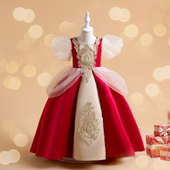 2024 New Women's Children's Dress for Foreign Trade, Middle Childhood Retro Children's Clothing Bubble Sleeve Embroidered Princess Dress Long Dress Formal Gown