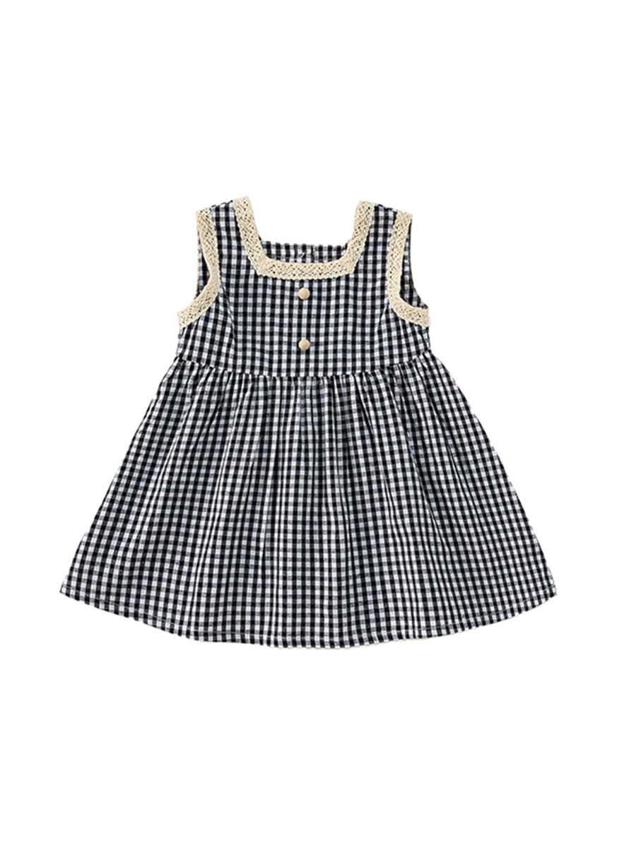 Ropa infantil Youbao, vestido elegante de verano para niña, vestido a cuadros de estilo coreano para niñas, vestido con cuello cuadrado en blanco y negro para niños pequeños.