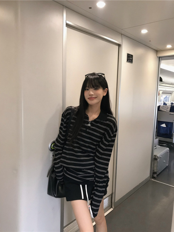 专属条纹撞色polo领长袖上衣女夏季新款韩系气质设计感百搭防晒衫|undefined