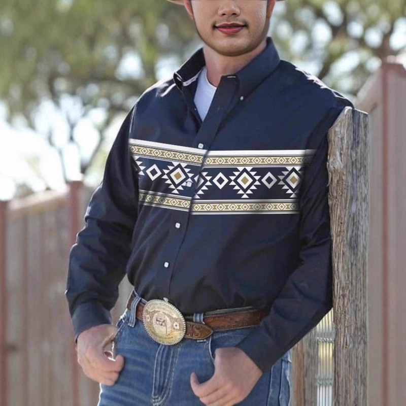 Foreign Trade Amazon Tk Hot-Selling New Outdoor Sports Western Tribal Ethnic Lapel Men's Casual 3D Shirt for Men