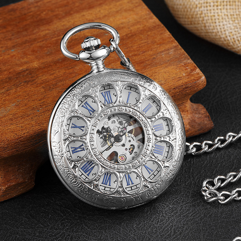 Classic European and American duplex mechanical watch parent elder characteristic Roman hollow-out watch gift antique pocket watch wholesale