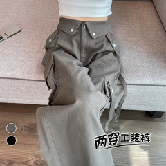 150cmの小柄な女性向け、アメリカンスタイルのグレーのワークパンツ、ハイウエストのカジュアルスポーツパンツ、裾が絞れるジャケットパンツ、XSサイズ、2025年新作