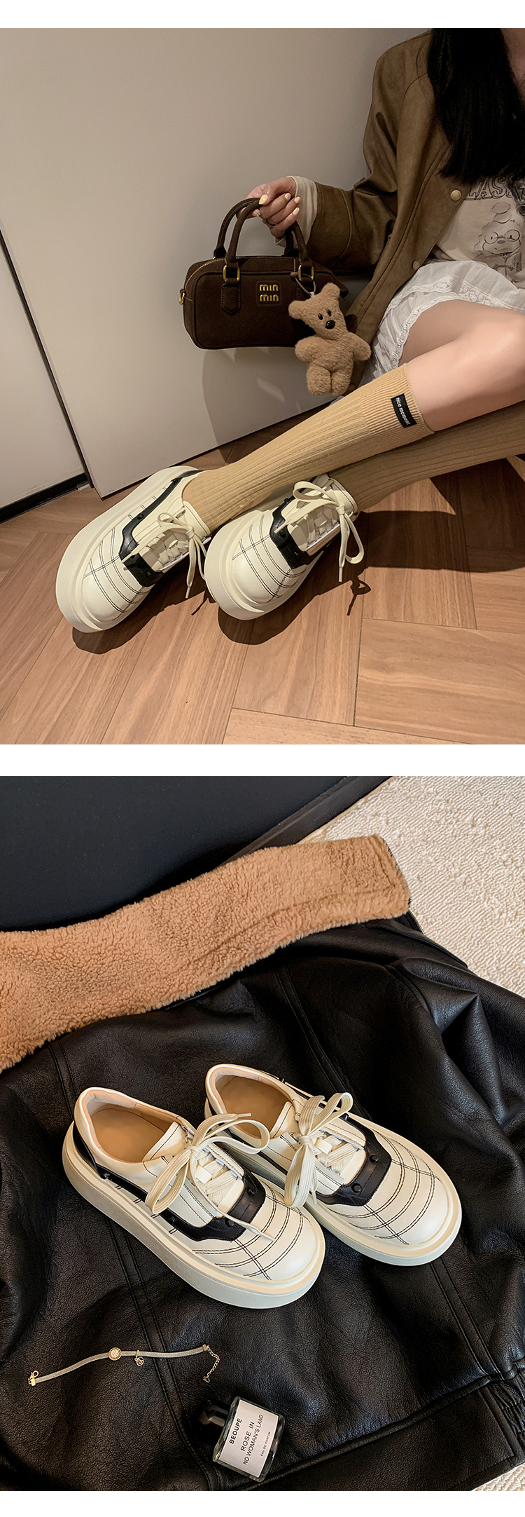 Giày sneaker nữ đế dày da bò phối màu dây buộc phong cách thể thao — màu đen chi tiết 7