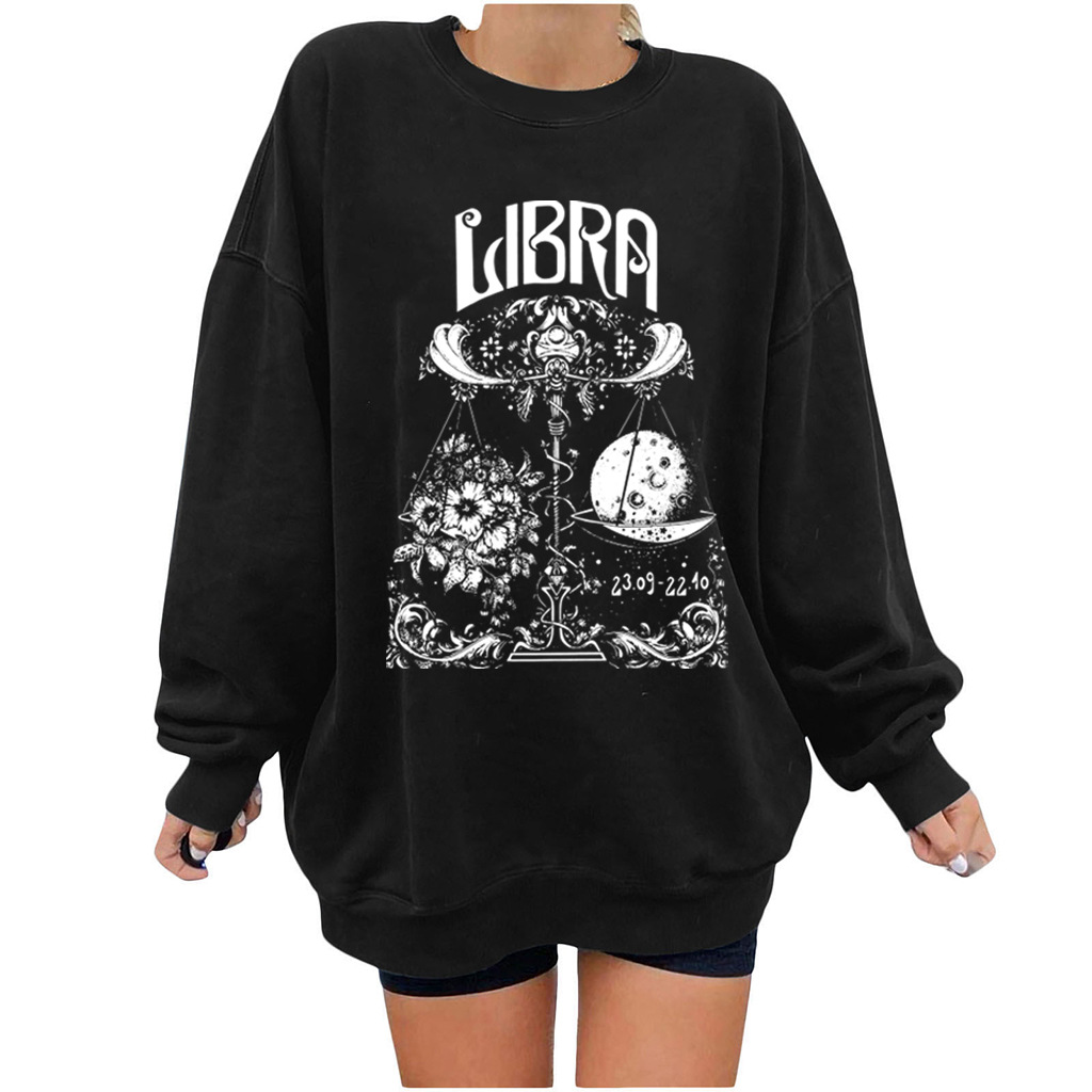 women s dropped shoulder round neck libra moon and flower printed fleece sweatershirt nihaostyles wholesale costumes NSYUM79719