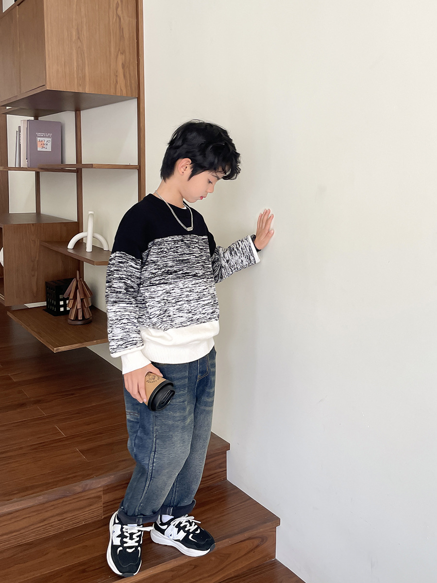 Haima's Boys' Stylish Pullover Sweater with Round Neck, 2025 Winter New Korean Style Children's Winter Clothing Top