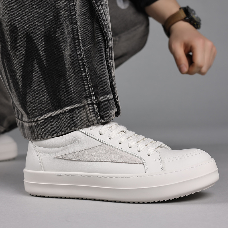 Piel de vaca de primera capa RO triángulo pequeño casual nicho marca de moda zapatos de hombre zapatos casuales de suela gruesa de cuero zapatos de hombre bajos estadounidenses