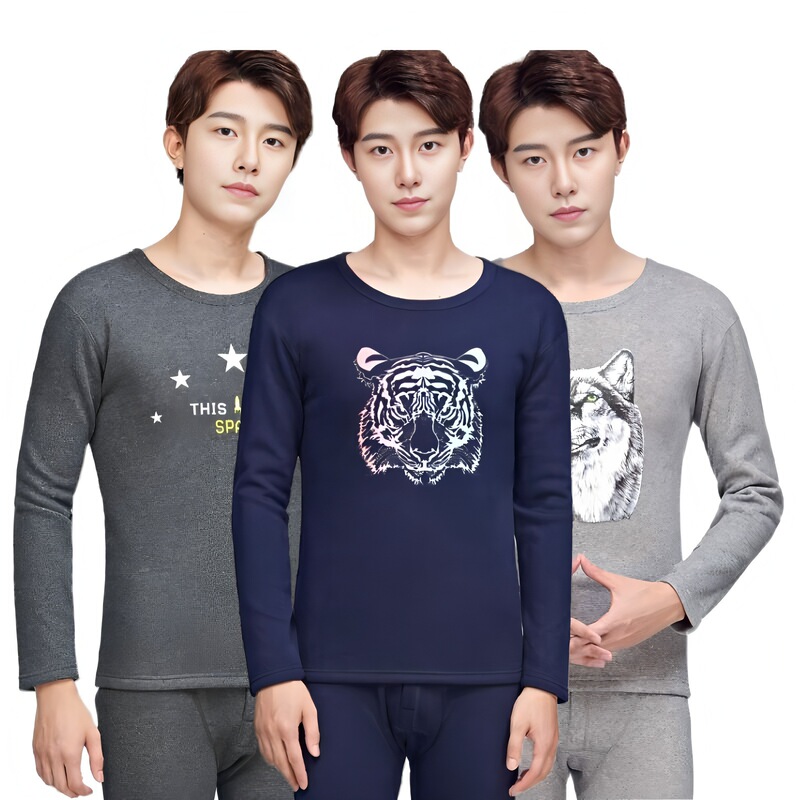 Men's Printed Thermal Underwear, Thickened and Fleece-Lined, Fashionable and Trendy for Young Students, Suitable for Outdoor Wear, Winter Set