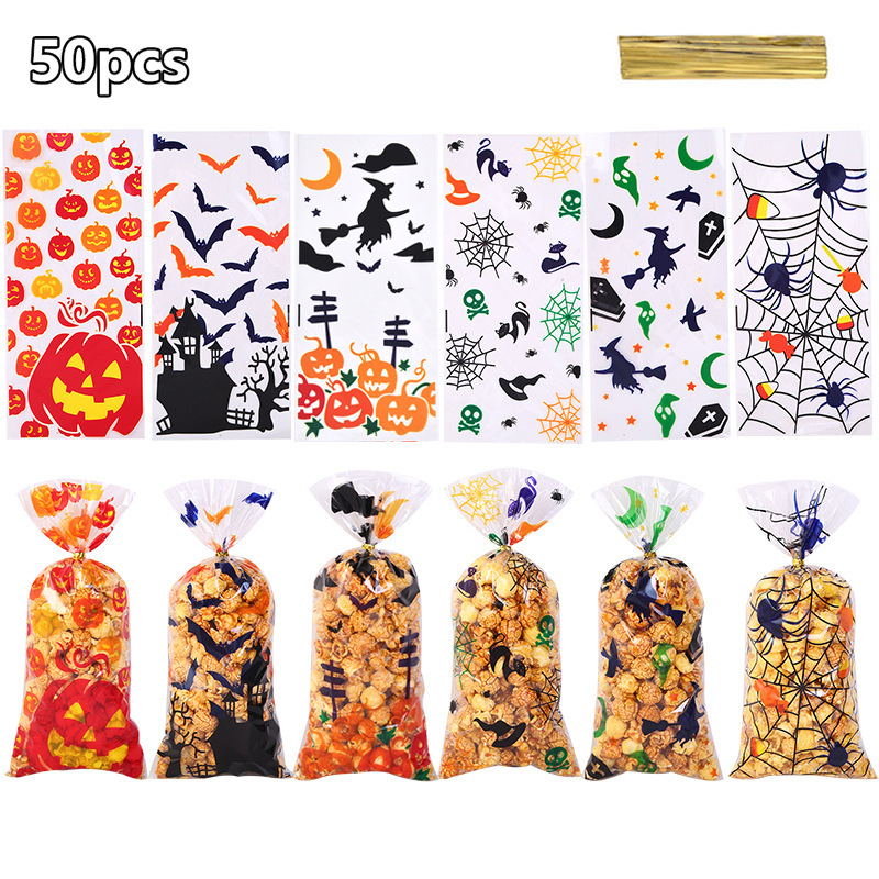 50个混装万圣节蜘蛛网糖果巧克力OPP平口袋diy烘焙点心礼品包装袋