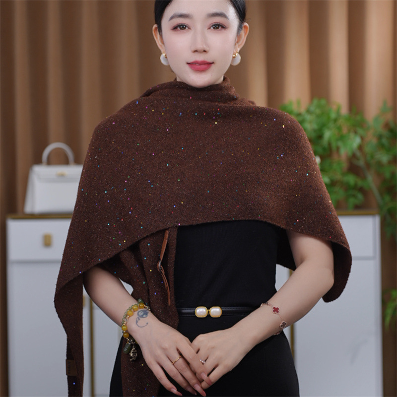 韩版新款洋气时尚百搭羊毛亮片针织披肩空调外搭交叉三角披肩|undefined