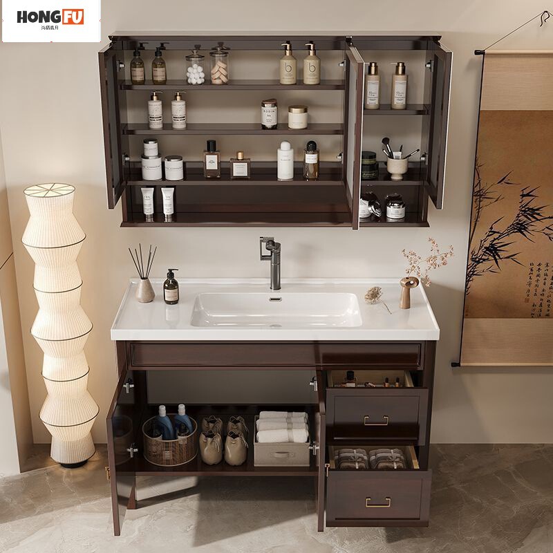 Oak New Chinese Style Bathroom Modern Smart Paint Bathroom Mirror Cabinet Combination Washbasin Ceramic Washbasin