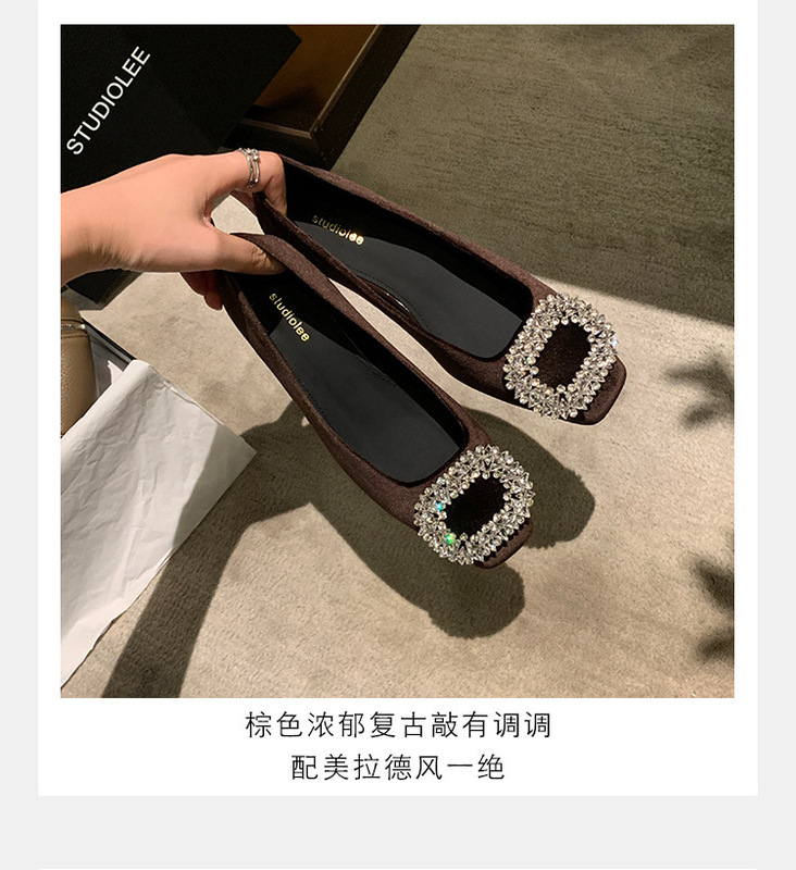 羊皮版~葡萄妈秋新款贵气闪闪钻扣圆头高跟鞋粗跟绒面浅口单鞋女|undefined