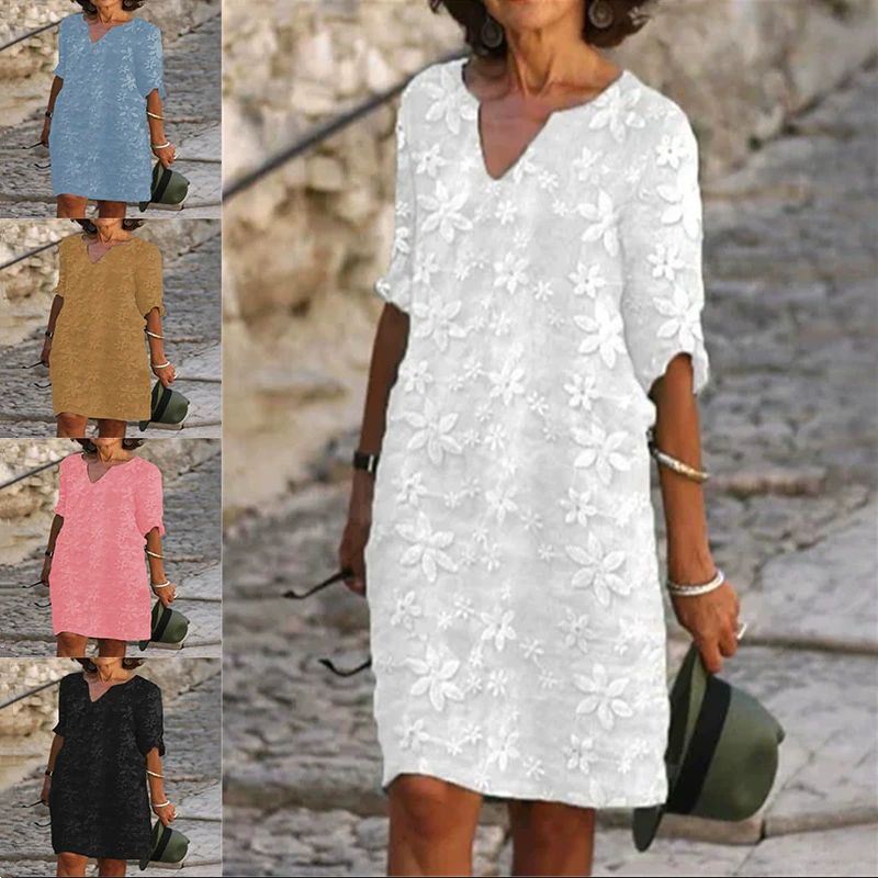 [Спот] 2024 Летний WISH Amazon трансграничный цветочный принт хлопчатобумажный льняный средний рукав платье с V-образным вырезом
