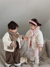 男女童童裝冬季新款加絨卡通小熊兩面穿棉服外套0307
