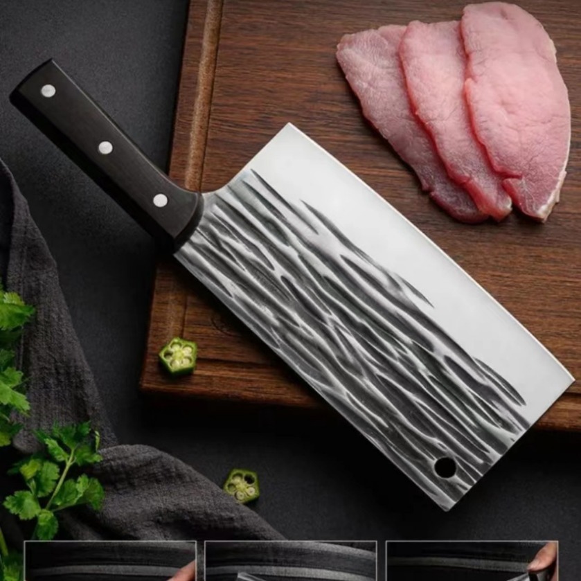 现货网红爆款木柄塑料披复柄锻打扎纹砍切骨刀厨房刀具家用切片刀