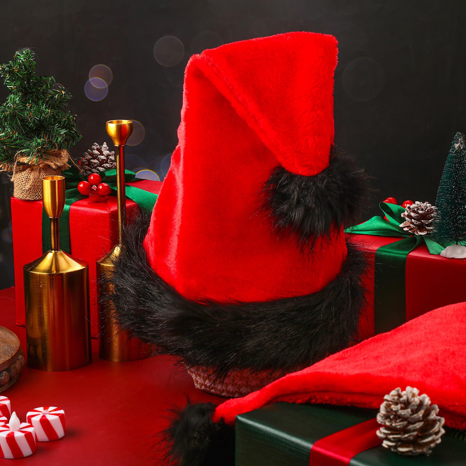 Christmas Long hair Santa hat Red black hat thick adult fluffy hat atmosphere props ornaments_voghion.com