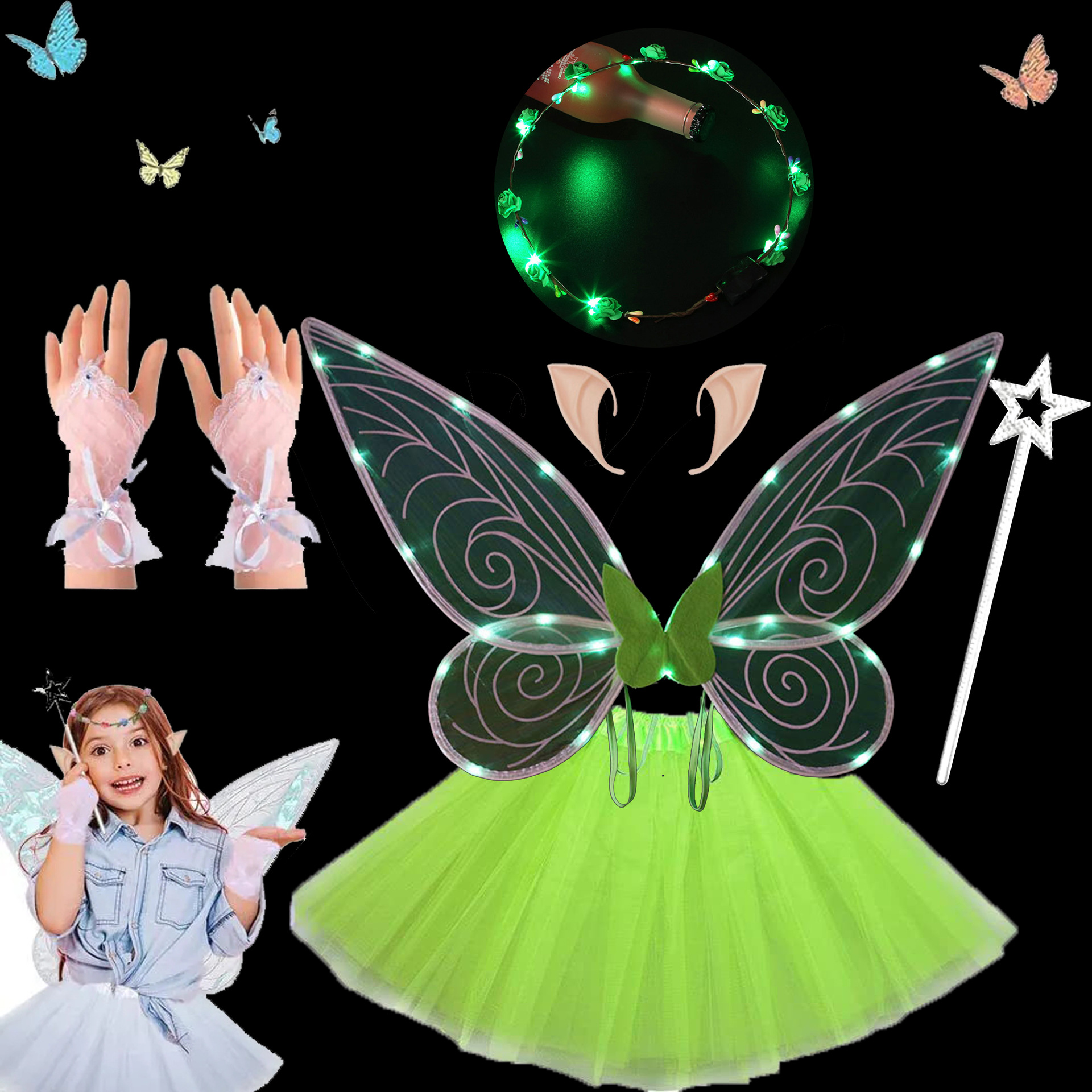 Navidad Nuevo estilo de emisión de luz ELF alas fiesta de vacaciones con flash mariposa Halloween accesorios de rendimiento para niños