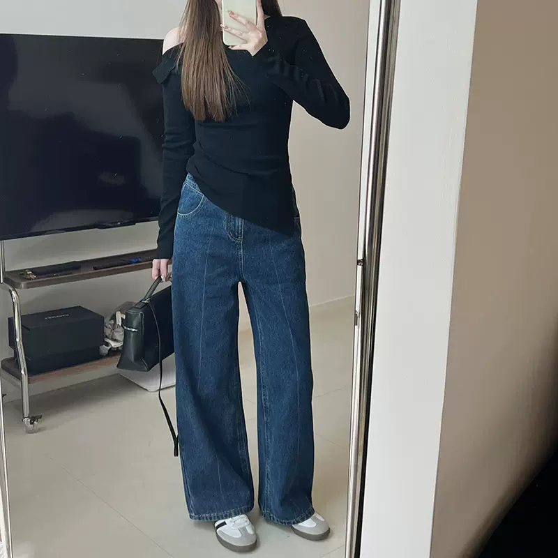 复古直筒牛仔裤女秋季新款韩版高腰宽松显高显瘦垂坠阔腿长裤子