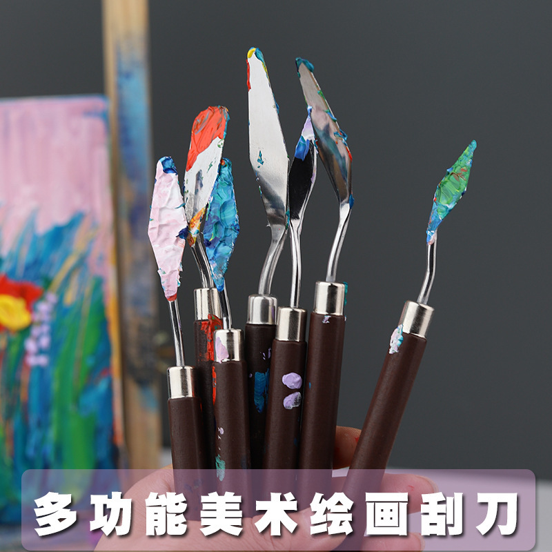 Set of wholesale art palette knives, paint knives, oil painting knives, wooden handles, color mixing knives, watercolor and acrylic spatulas, scrapers