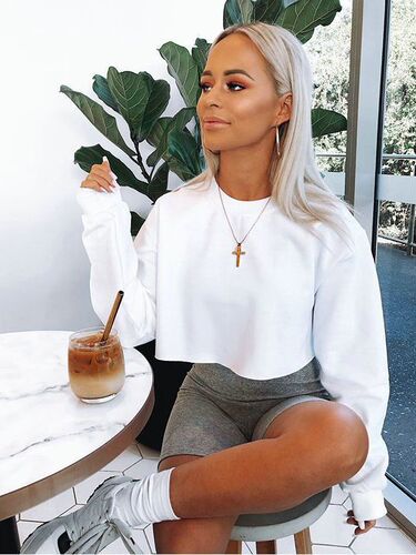 New Cross-Border Women's Autumn/Winter  Amazon Padded and Thick Loose Short-Sleeve Solid Color Crew Neck Sweatshirt